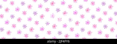 Blühendes Aquarellmuster. Frühlingsblume in Blüte auf Zweig. Wunderschöne Sommerdarstellung. Handzeichnung skizzieren. Japanische Aquarellkarte. Set mit Sakura-Designelementen. Isolierter weißer Hintergrund Stockfoto