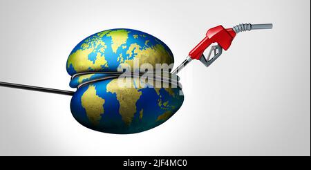 Globale Gaskrise und internationale Schmerzen an der Gaspumpe oder weltweite Energieherausforderung als steigende Kraftstoffpreise und Öl erhöhen Konzept oder schmerzhaft. Stockfoto
