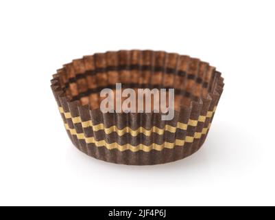 Leerer brauner Bonbon-Papierbecher isoliert auf Weiß Stockfoto