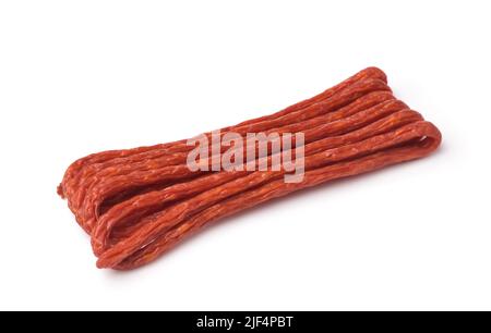 Dünne geräucherte Kabanos-Wurst isoliert auf Weiß Stockfoto