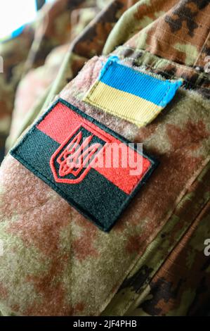 Chevrons auf der ukrainischen Militär-Pixel Uniform, blau, schwarz, rot und gelb UPA Flagge und Flagge. Stockfoto