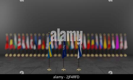 NATO-Mitgliedsländer Flaggen, Flaggen der NATO-Mitglieder, NATO-Gipfel, mit Finlandia Schweden, Finlandia Schweden in der NATO, 3D Arbeit und 3D Illustration Jerewan, Stockfoto