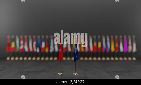 NATO-Mitgliedsländer Flaggen, Flaggen der NATO-Mitglieder, NATO-Gipfel, mit der türkei NATO, türkei NATO, 3D Arbeit und 3D Illustration Jerewan, Armenien - 2022 Ju Stockfoto