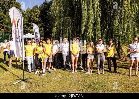 Die Abbildung zeigt die Mannschaftspräsentation des belgischen Olympischen Komitees BOIC - COIB vor dem Sportereignis der World Games 2022 am Mittwoch, den 29. Juni 2022 in Brüssel. Die World Games werden vom 07. Bis 17. Juli in Birmingham (Alabama), USA, organisiert und sind ein internationales Multisportereignis, das für Sportarten oder Disziplinen oder Veranstaltungen innerhalb eines Sports bestimmt ist, die bei den Olympischen Spielen nicht bestritten wurden. BELGA FOTO JAMES ARTHUR GEKIERE Stockfoto