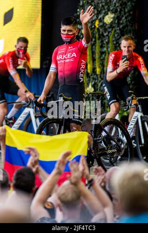 Die kolumbianische Nairo Quintana von ARKEA-Samsic wurde während der Teampräsentation vor der Tour de France Radrennen 109. in Kopenhagen, Dänemark, am Mittwoch, den 29. Juni 2022, abgebildet. Die diesjährige Tour de France findet vom 01. Bis 24. Juli 2022 statt und startet mit drei Etappen in Dänemark. BELGA FOTO JASPER JACOBS Stockfoto