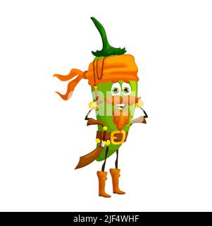 Cartoon mexikanische jalapeno Pfeffer bärtigen Piraten-Figur mit niedlichen lächelnden Gesicht. Vector Gemüse Emoji von grünen Chili-Pfeffer Karibik Pirat mit Schwert und Bandana, mexikanische Gewürz-Food-Persönlichkeit Stock Vektor