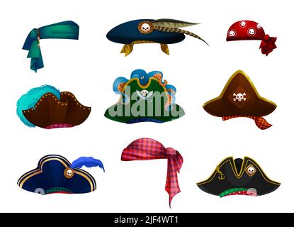 Cartoon Kapitän Tricorn gespannt Hut und Piraten Bandanas. Isolierte Vektor-Piraten-Bukkaneer-Tricorne oder corsair-Karnevalsmützen mit Totenkopf-Querknochen oder Papageienfedern und Jolly Roger-Flagge Stock Vektor