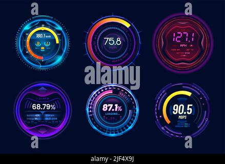 Tachometeranzeigen für Autos mit Neonlicht und Zifferblättern, Vektor-Armaturenbrettanzeigen auf dem Tachometer. Geschwindigkeitsmesser mph-Anzeigen in blau-violettem Neon mit Ladebanken, Batterie-, Kraftstoff- und Geschwindigkeitswaagen Stock Vektor