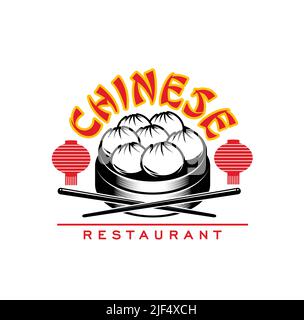 Chinesische Küche Restaurant Vektor-Ikone mit Dim Sum und rote Laterne. Traditionelle asiatische Küche mit gedämpften Knödeln mit Essstäbchen und festlichen roten Papierlampen isoliert Symbol des orientalischen Cafés Stock Vektor