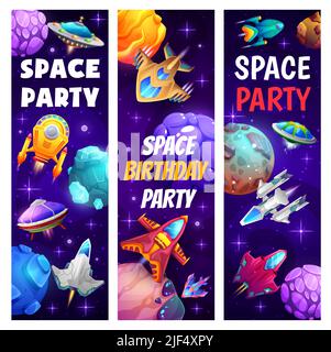 Space Party, Cartoon-Raumschiffe, Raumschiffe und Raketen in der Galaxie, Vektor-Banner. Kids Event Cartoon Design von Fantasy-Planeten und galaktischen Shuttles oder außerirdischen UFO-Raumschiffen in fantastischer Galaxie Stock Vektor