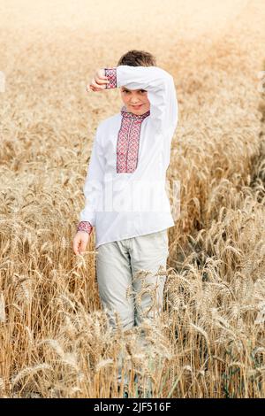 Weiche selektive Fokus des Kindes in traditionellen weißen und roten bestickten ukrainischen Hemd auf dem Hintergrund des Weizenfeldes an sonnigen Tag. Kerl lächelt. Unabhängigkeitstag, Verfassung der Ukraine. Vertikal Stockfoto