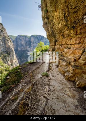 Enger, prekärer Pfad, der in die schiere Felswand hinter dem Kloster Agia Paraskevi hoch über der Vikos-Schlucht in der Region Zagori in Griechenland eingehauen ist Stockfoto