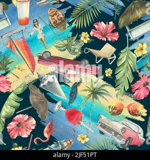 Tropisches, kubanisches, helles Muster. Nahtlos auf dunklem Hintergrund mit Cocktails, Palmen, Retro-Autos, rosa Flamingos und Muscheln. Aquarell illustrat Stockfoto