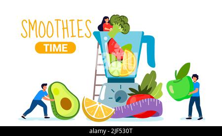 Smoothie Time gesunde Getränke zubereiten Mixer für Gemüse Zubereitung von natürlichen Bio-Säften und Smoothies aus Tomaten Avocados limiert Gurken g Stock Vektor
