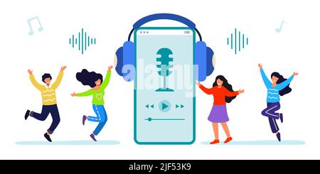 Musik im Smartphone Mobile Technologie zum Tanzen Party Vektor Illustration Musik-Anwendungen Playlisten Online-Songs Smartphone-Musik für glückliche junge Menschen Stock Vektor
