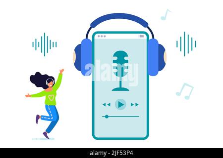 Musik im Smartphone Mobile Technologie zum Tanzen Party Vektor Illustration Musik-Anwendungen Playlisten Online-Songs Smartphone-Musik für glückliche junge Menschen Stock Vektor