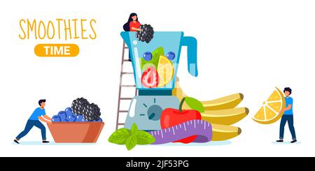 Smoothie Time gesunde Getränke zubereiten Blender für Gemüse Zubereitung von natürlichen Bio-Säften und Smoothies aus Brombeere-Heidelbeer-Orange-Banane Stock Vektor