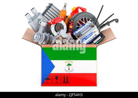 Äquatoguineanische Guinea-Flagge auf dem Paket mit Autoteilen bemalt. 3D Darstellung isoliert auf weißem Hintergrund Stockfoto