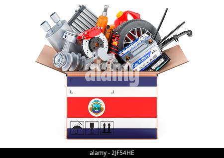 Costaricanische Flagge auf dem Paket mit Autoteilen bemalt. 3D Darstellung isoliert auf weißem Hintergrund Stockfoto