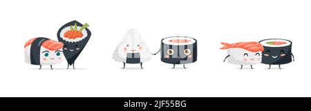 Witziges Sushi-Konzept mit Sushi-Figuren. Niedliche Vektorgrafiken Stock Vektor