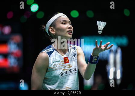 Kuala Lumpur, Malaysia. 29.. Juni 2022. Tai Tzu Ying tritt während der ersten Runde der Petronas Malaysia Open 2022 in der Axiata Arena, Bukit Jalil, gegen Lianne Tan an an. Kredit: SOPA Images Limited/Alamy Live Nachrichten Stockfoto