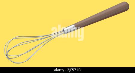 Stahlbesen mit Holzgriff zum Mischen isoliert auf gelbem Hintergrund. Stockfoto