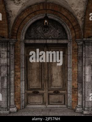 Grungy alten hölzernen Eingang mit Ziegel und Stein dekorativen Bogen. 3D Rendern. Stockfoto