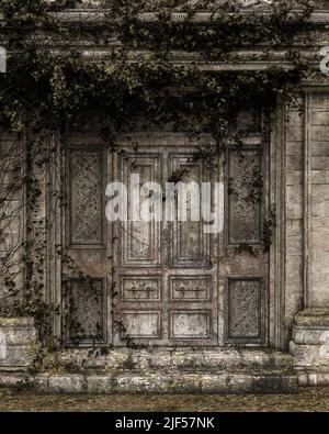 Alte grungige Mausoleum-Tür mit Efeu überwuchert. 3D Abbildung. Stockfoto
