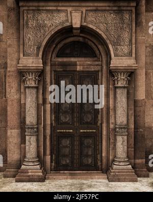 Alte dekorative Holztür mit Steinbogen und Säulen. 3D Rendern. Stockfoto