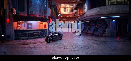 Ein futuristisches Motorrad parkte nachts vor einer Fast-Food-Bar in einer zwielichtigen Cyberpunk-Straße. Breitbild-Kinobilder 3D. Stockfoto