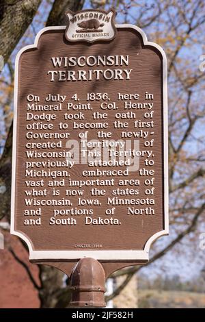 Mineral Point, Wisconsin Mineral Point ist eine Stadt im Iowa County, Wisconsin, USA. Wisconsin Territory etabliert Zeichen. Stockfoto