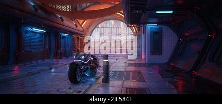 Futuristisches Fantasy-Motorrad, das nachts in einer düsteren, düsteren Straße im Cyberpunk-Stil geparkt ist. 3D Rendern. Stockfoto