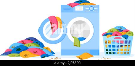 Stapel schmutziger Kleidung auf dem Boden und im Wäschekorb. Waschmaschine und Flüssigwaschmittelflasche. Haufen schmutziger Lappen. Stapel schmutziger Kleidung auf Stock Vektor