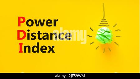 PDI-Leistungsindex. Concept Words PDI Power distance Index auf gelbem Papier auf einem schönen gelben Hintergrund. Symbol für grüne Glühlampe. Busin Stockfoto