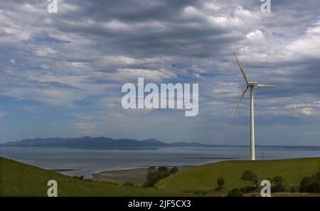 Australische Windfarm. Eine Windturbine, die Strom auf den Küstenhügeln in der Nähe der Stadt Toora in South Gippsland, Victoria, Australien, erzeugt. Stockfoto