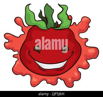 Niedliche und lächelnde Tomatenfigur mit großem Lächeln über Ketchup-Spritzer im Cartoon-Stil. Stock Vektor
