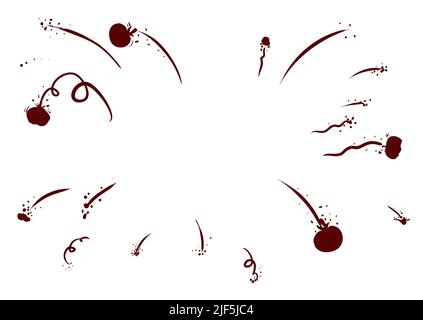 Silhouette von Tomaten in die Luft geworfen mit Geschwindigkeitslinien und Streamer über weißem Hintergrund. Stock Vektor