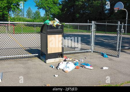 Der Papierkorb ist überfüllt mit Müll neben einem Kettenglieder vor einem Sportplatz in einem lokalen Park. Stockfoto