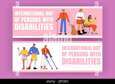 Plakate zum Internationalen Tag der Menschen mit Behinderungen. Vektor-Banner mit flacher Illustration von Mädchen im Rollstuhl, blind mit Blindenhund, Mann und Frau mit Prothese Stock Vektor