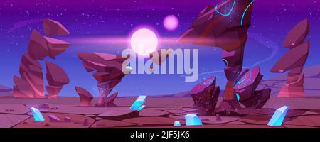 Fantasy außerirdische Planetenlandschaft, Weltraum-Spiel Hintergrund mit Dessert geknackt Bodenfläche mit blauen Kristallen und roten Felsen, fliegenden Stein und kosmischen Staub, glühenden Stern in Himmel Cartoon-Vektor-Illustration Stock Vektor