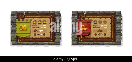 Spiel gewinnen und verlieren Banner mit Steinziegelrahmen und Holzbrett. Vector Cartoon Satz von Spiel ui-Elemente im mittelalterlichen Stil, Gäste-Banner mit Wimpeln und Speer Stock Vektor