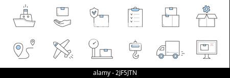 Liefer- und Versandservice Doodle Icons. Vektor lineare Zeichen Schiff, Hand mit Kasten, Paket, Karte Stift, Flugzeug, Post Waagen, LKW und Haken. Desktop, Versicherungsschutz und Checkliste Stock Vektor