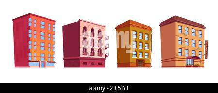 Erstellung Cartoon Vektor isolierte Illustrationen. Stadtlandschaft Elemente gesetzt, mehrstöckige Gebäude mit Balkonen und Rinne, Wohnwohnungen, Büros, Shop oder Café, Hotel mit rotem Vordach Stock Vektor