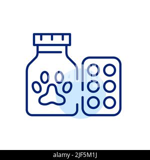 Tiermedizin. Pillen mit Pfotensymbol. Pixel-perfektes, bearbeitbares Strichliniensymbol Stock Vektor