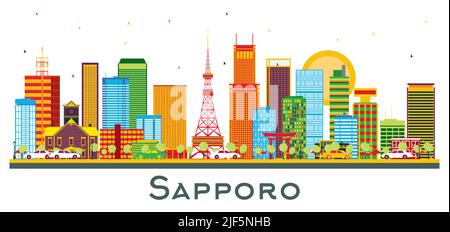 Sapporo Japan City Skyline mit farbigen Gebäuden isoliert auf Weiß. Vektorgrafik. Business Travel und Tourismus Konzept mit moderner Architektur. Stock Vektor