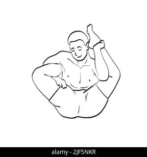 Voller Länge Mann tun Yoga mit schwierigen Geste Illustration Vektor Hand gezeichnet isoliert auf weißem Hintergrund Linie Kunst. Stock Vektor
