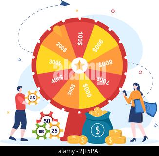 Casino Cartoon Illustration mit Knöpfen, Spielautomat, Roulette, Poker Chips und Spielkarten für Glücksspiel Stil Design Stock Vektor