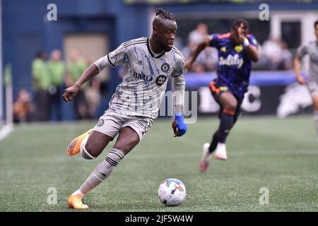 Seattle, WA, USA. 29.. Juni 2022. CF Montreal Stürmer Kei Kamara beim MLS-Fußballspiel zwischen CF Montreal und Seattle Sounders FC im Lumen Field in Seattle, WA. Montreal besiegte Seattle 2-1. Steve Faber/CSM/Alamy Live News Stockfoto