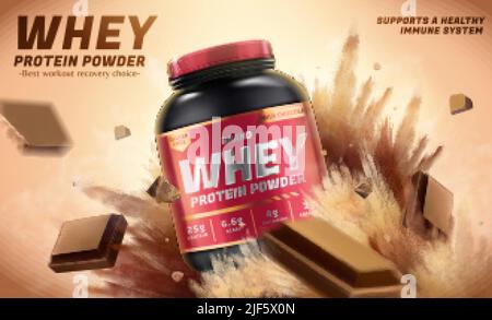 Werbebanner für Molkenproteinpulver. 3D Illustration eines Molkenproteinpulvers mit Explosionseffekt und fliegenden Schokoladenstücken. Bodybuilding-Lebensmittel Stock Vektor