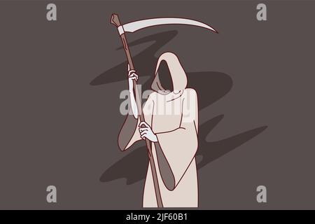 Sensenmann mit Sense in Robe, die den Tod darstellt. Mythologie-Konzept. Flache Vektorgrafik. Stock Vektor